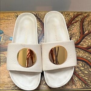 Tory Burch Cream Sandals with Gold Medallion